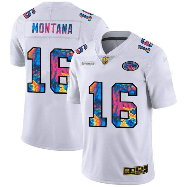 Men's San Francisco 49ers #16 Joe Montana 2020 White Crucial Catch Limited Stitched Jersey
